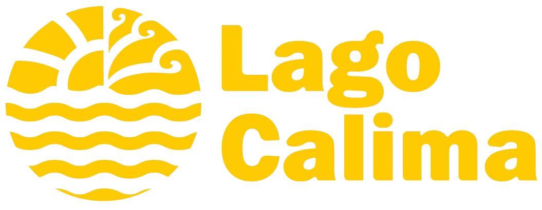 Logo oficial Lago Calima: sol, viento, agua en círculo amarillo. Ideal para reservas y turismo acuático.