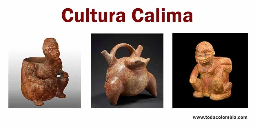Tres artefactos de alfarería Calima, incluyendo vasijas ceremoniales y figuras, parte del arte prehispánico.