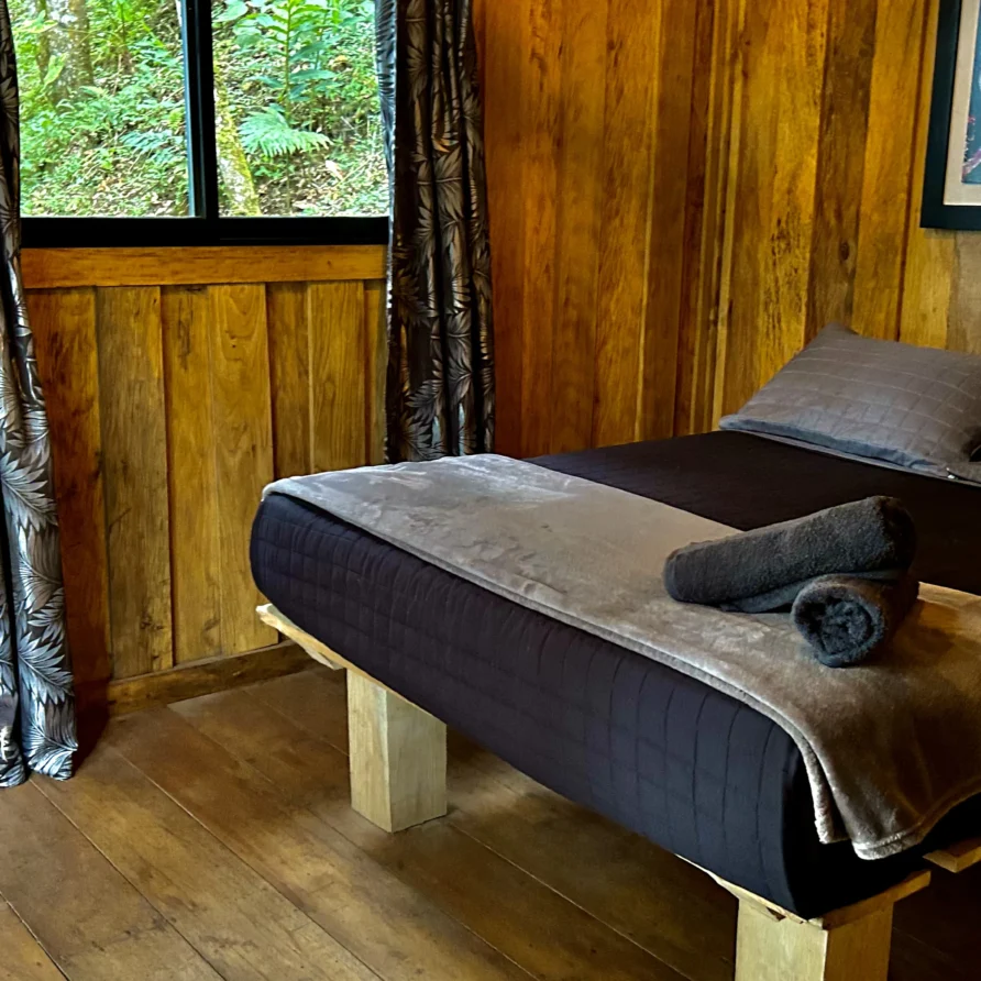 Planes Turisticos 103 Habitación acogedora para pareja con paredes de madera, cama doble y vista a la vegetación tropical en Lago Calima.