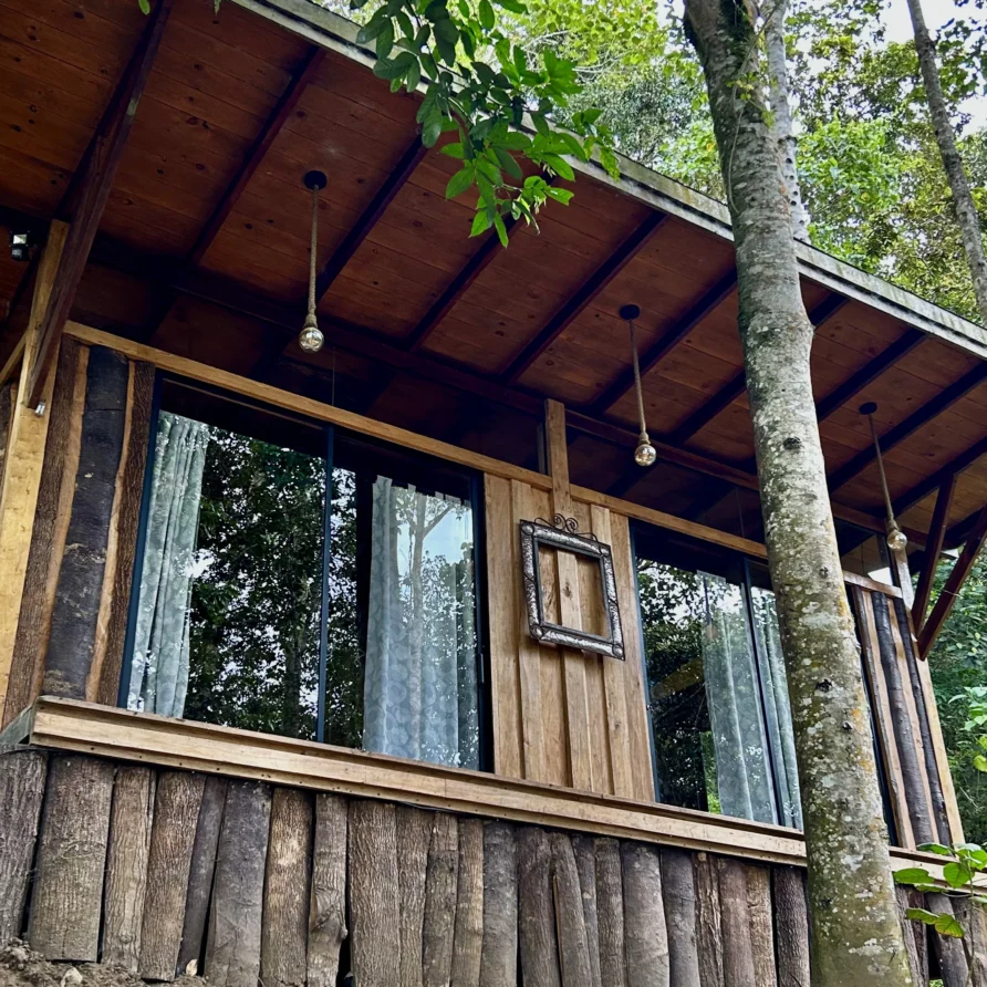 Planes Turisticos 105 Fachada de cabaña de madera con ventanales grandes y terraza, un refugio en la naturaleza para parejas.
