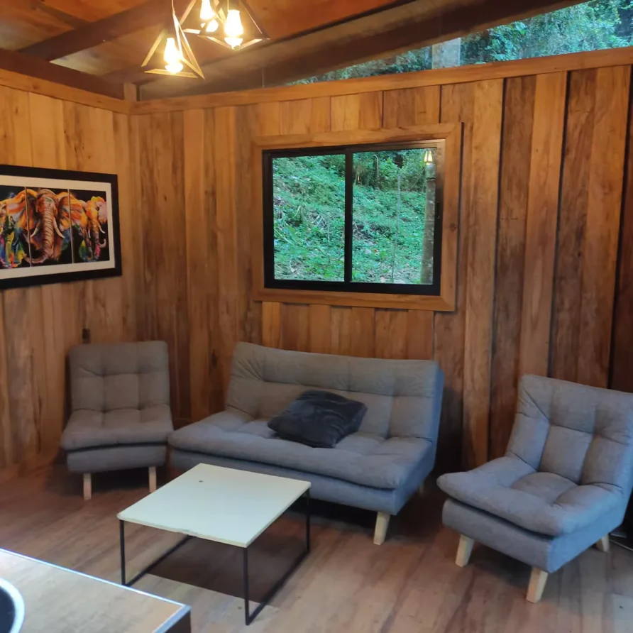 Planes Turisticos 114 Sala de estar acogedora en Cabaña Crisálida, con muebles grises, paredes de madera y vista al bosque.
